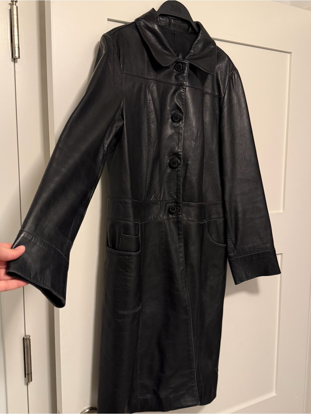 Vintage 100% Leather Trench Coat Made in Italy Black Long Minimalist Luxe Sz M/L